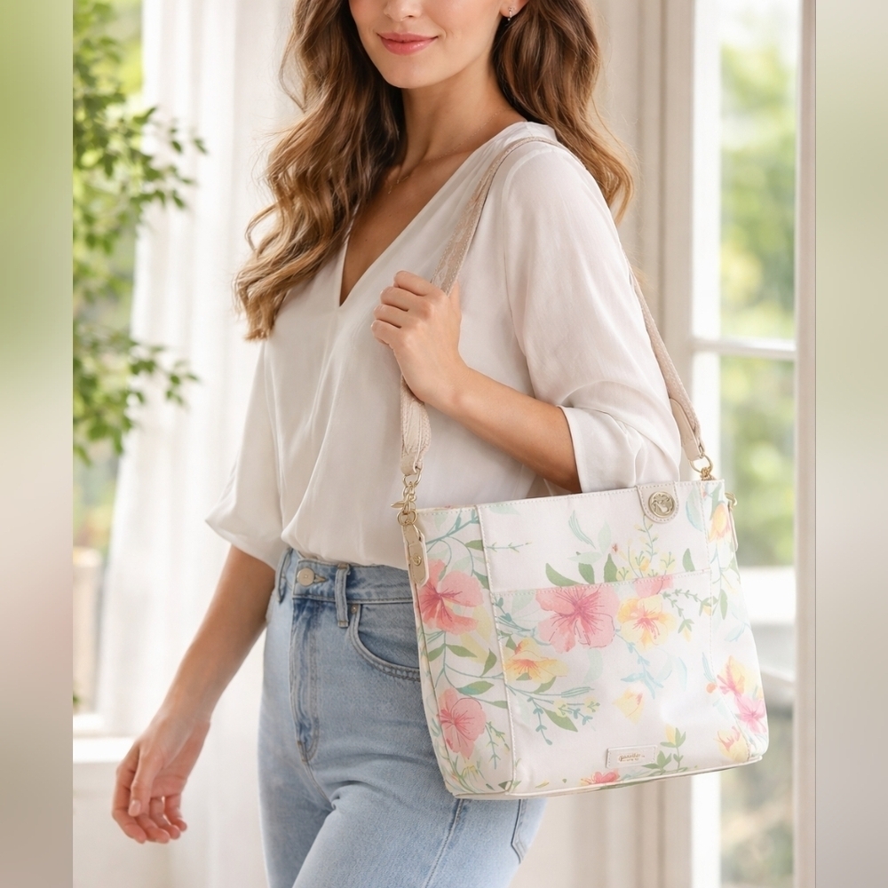 Spartina 449 Floral Rare Pattern Yellow Shoulder Tote Bag Snap Zip Faux Leather